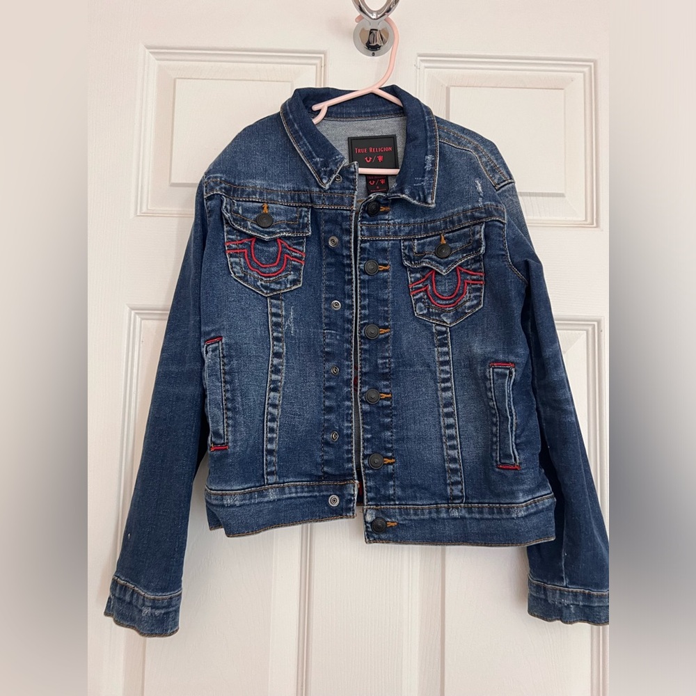 True Religion Manchester United Kids Denim Jean Jacket Embroidered Kids Size 6.